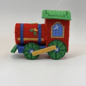 Vtg Needlepoint Plastic Canvas Christmas Train Ornament Red Holiday Decor
